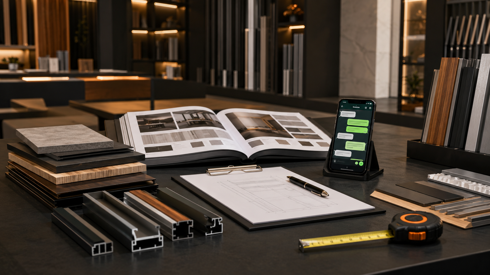 Mesa de atendimento comercial com amostras de materiais e orcamento GAMEL.